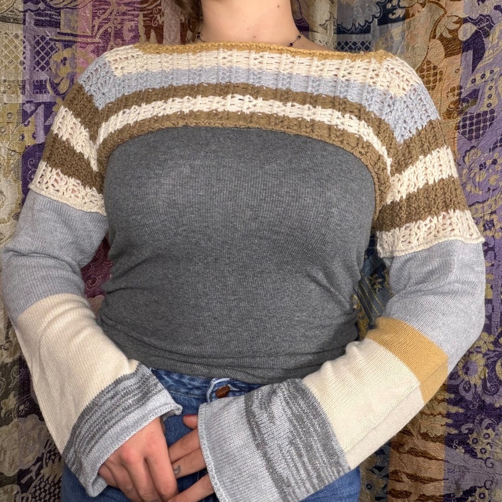 Y2K Style Indie Grunge Micro Knit Sweater Tan Gray Size L